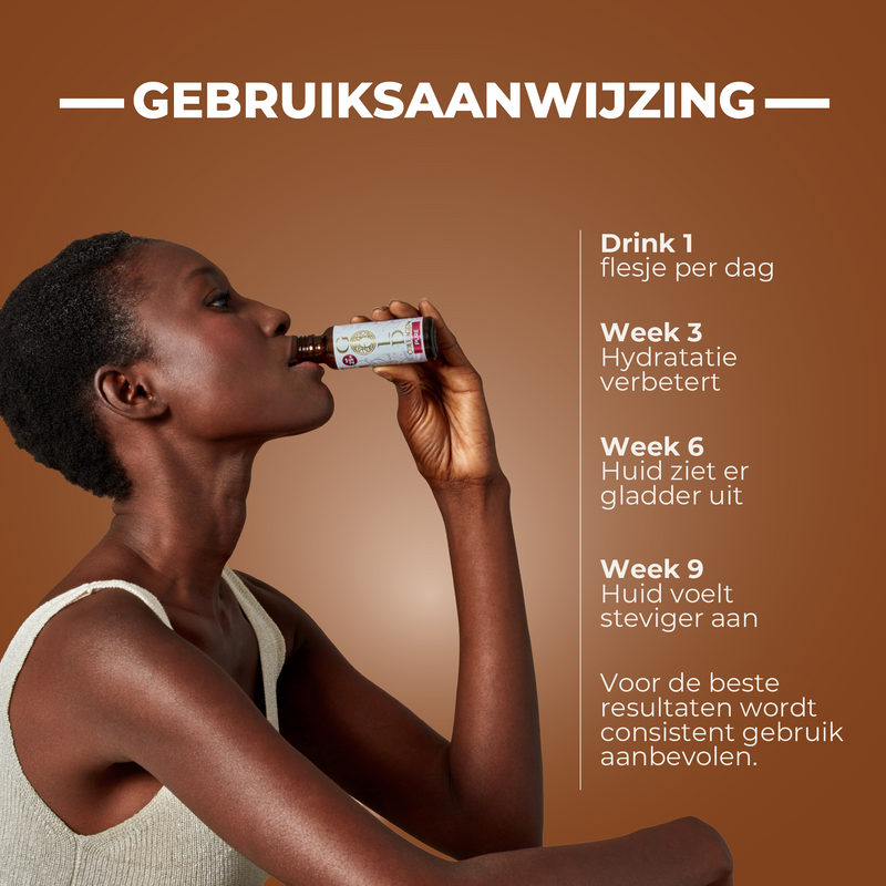 Person drinking from a bottle with text on a brown background