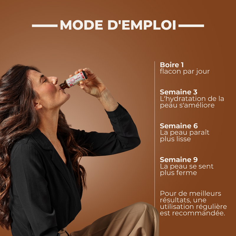 Woman drinking from a bottle with text on a brown background
