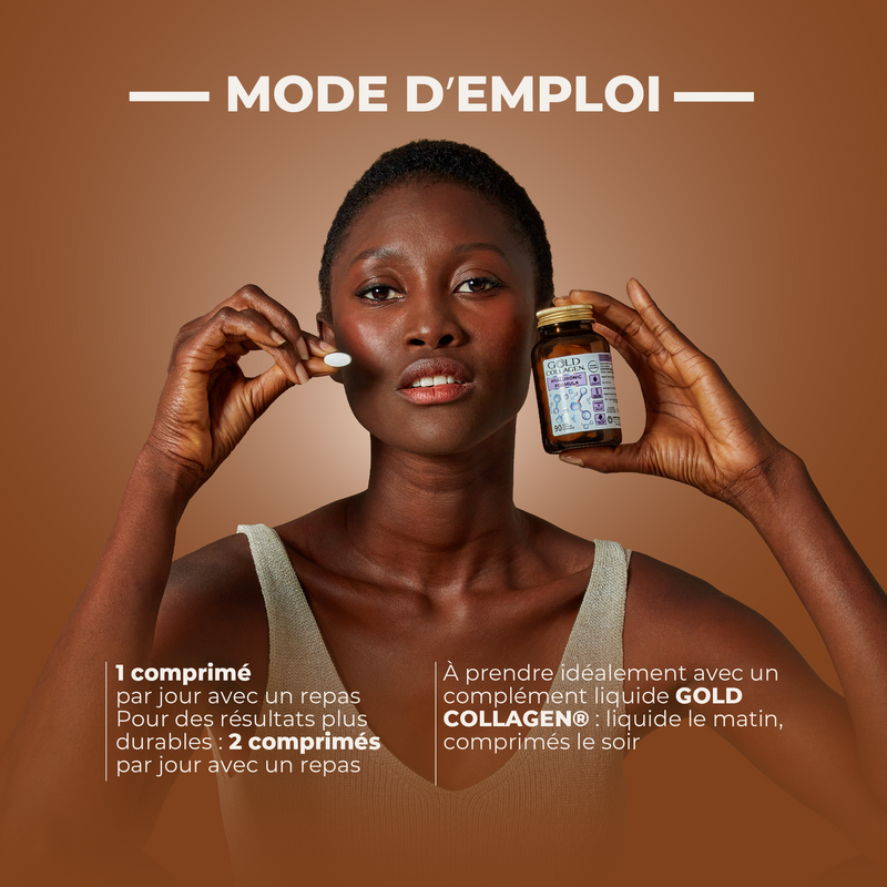 Woman holding a supplement jar and a pill with text on a brown background