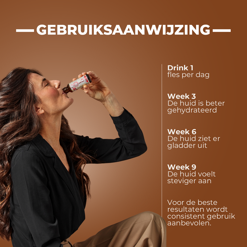 Woman drinking from a bottle with text on a brown background