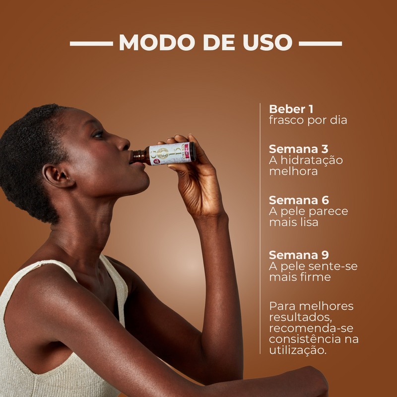 Woman drinking from a bottle with usage instructions on a brown background