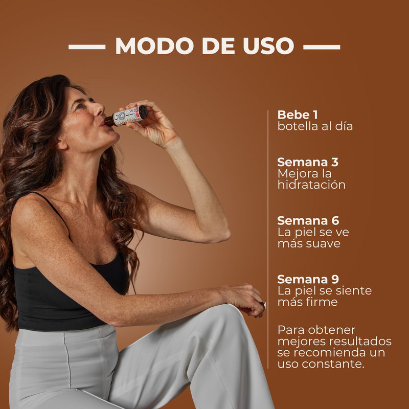 Woman drinking from a bottle with usage instructions on a brown background
