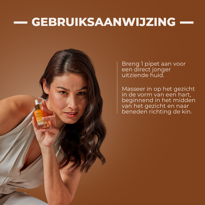 Woman holding a skincare product with text on a brown background