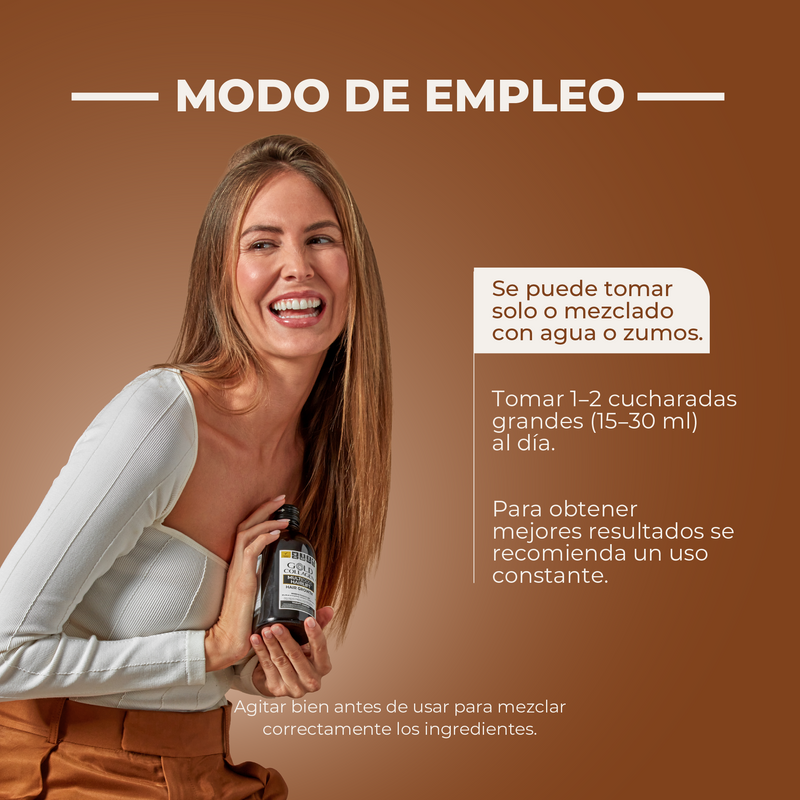 Woman holding a bottle with text on a brown background