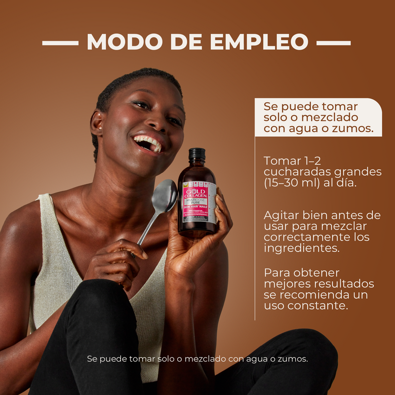 Person holding a bottle and spoon with text on a brown background