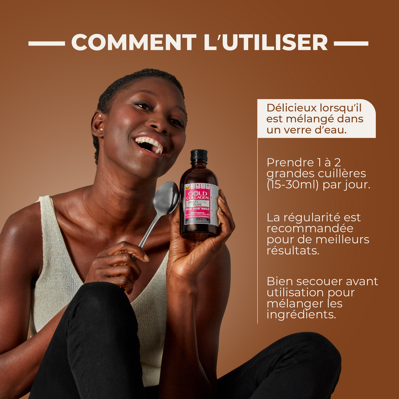 Person holding a bottle and spoon with text on a brown background