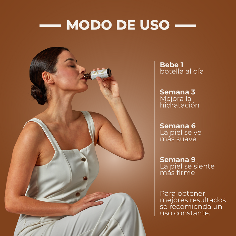 Woman drinking from a bottle with usage instructions on a brown background
