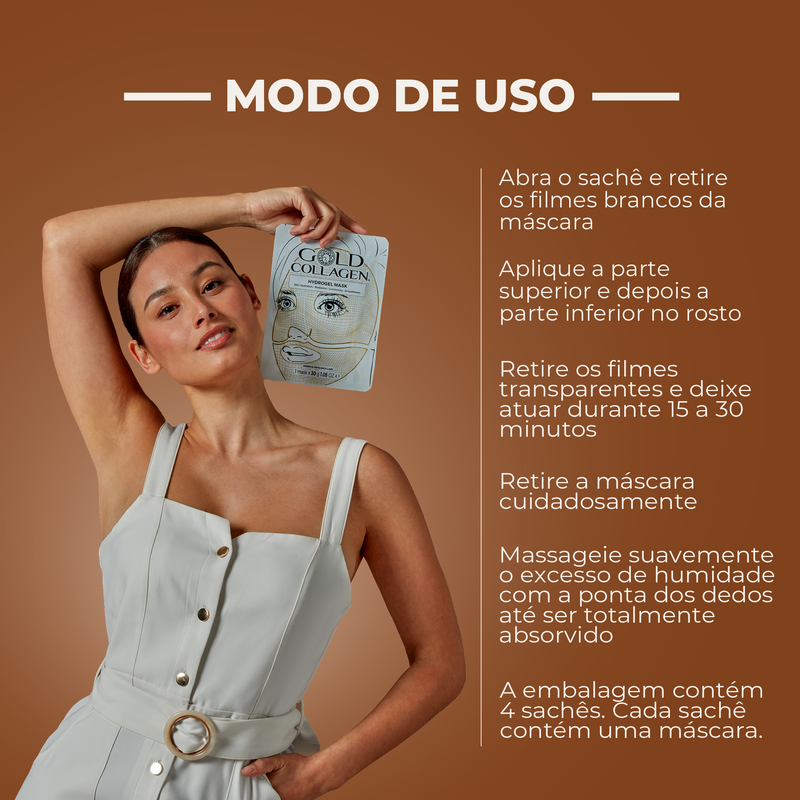 Woman holding a Gold Collagen face mask with usage instructions on a brown background