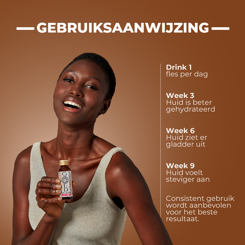 Woman holding a bottle with text on a brown background