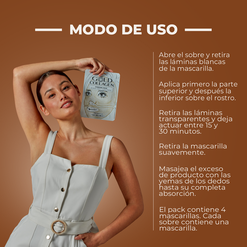 Woman holding a Gold Collagen face mask with usage instructions on a brown background