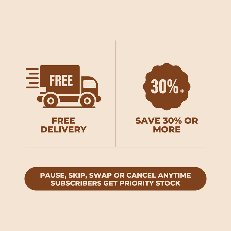 Promotional graphic with free delivery truck icon, discount badge, and text on a beige background