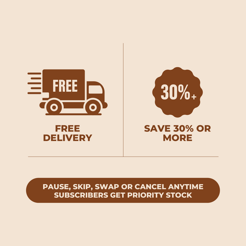 Promotional graphic with free delivery truck icon, discount offer, and subscription benefits on a beige background.