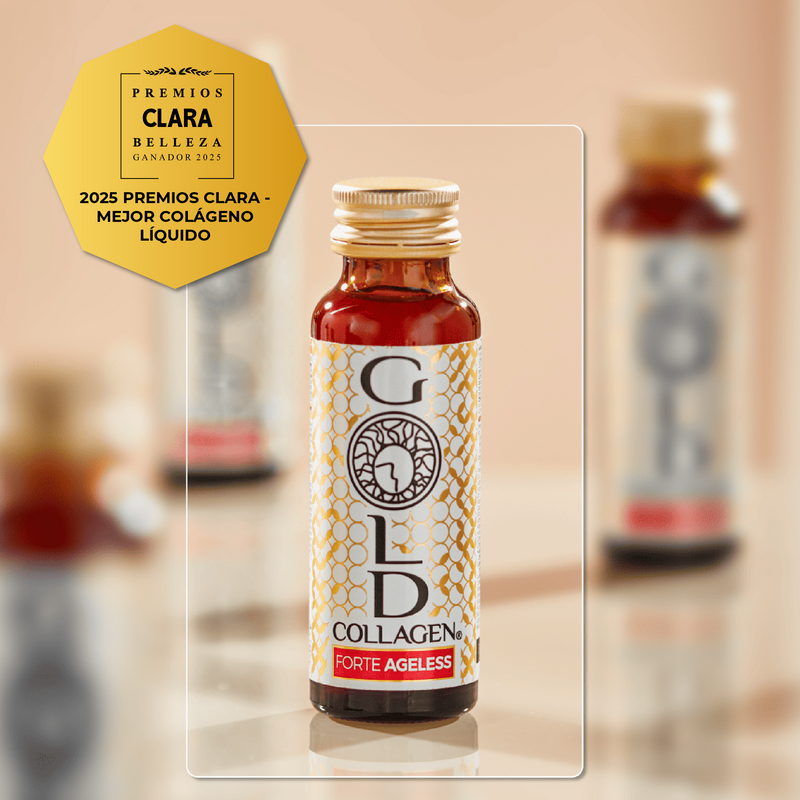 Gold Collagen Forte Ageless bottle with a gold badge on a beige background