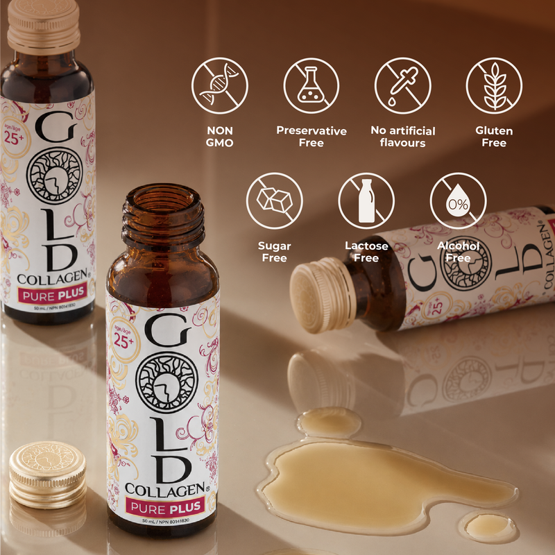 Gold Collagen Pure Plus bottles with product features on a brown background