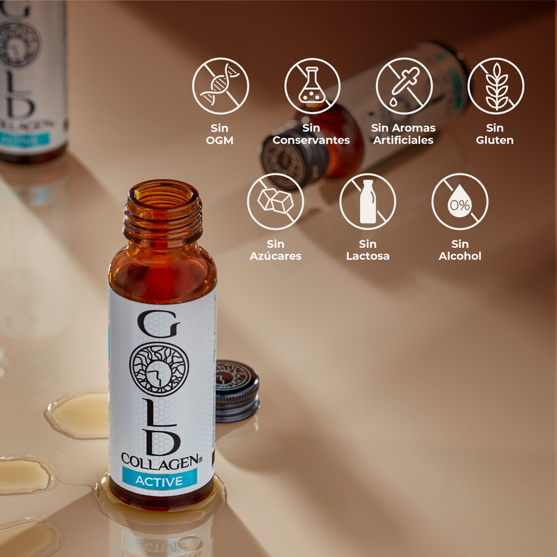 Bottle of GOLD Collagen Active with certification icons on a beige background