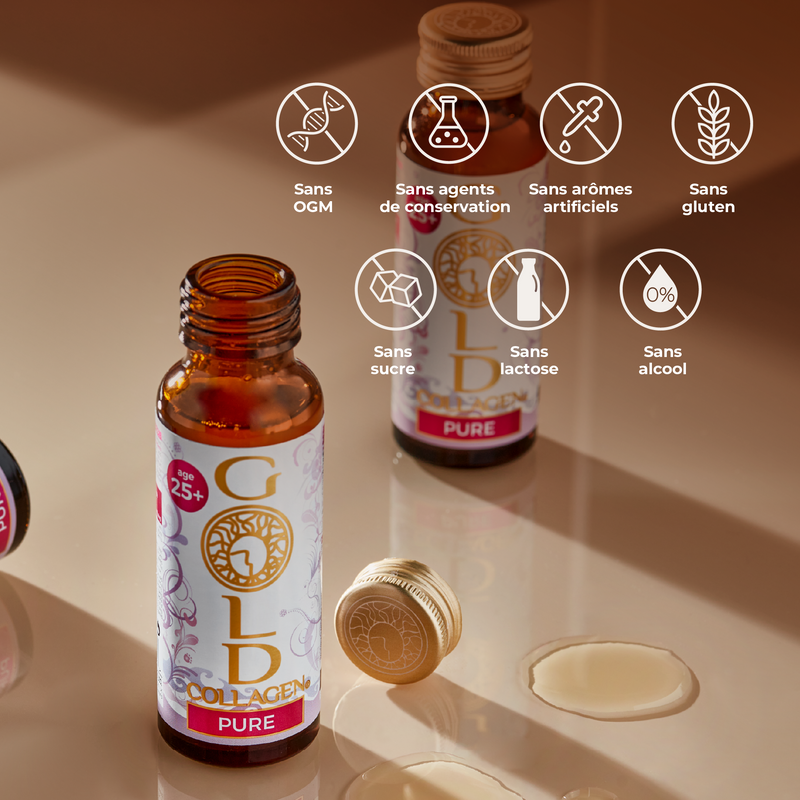 Two bottles of Gold Collagen Pure on a beige surface with health benefits icons.