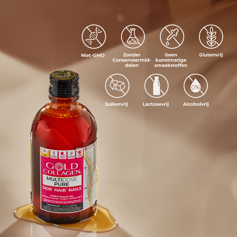 Bottle of Gold Collagen supplement with certification icons on a beige background
