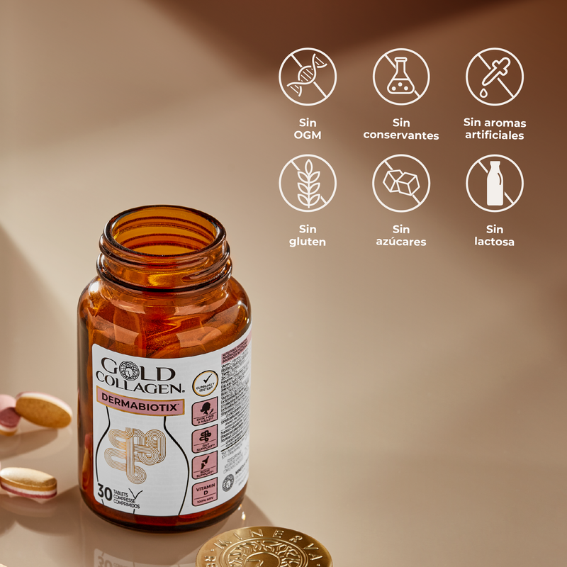 Amber glass supplement bottle labeled 'Gold Collagen' with certification icons on a beige background