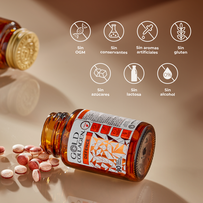 Gold Collagen Defence supplement bottle with pills on a beige background