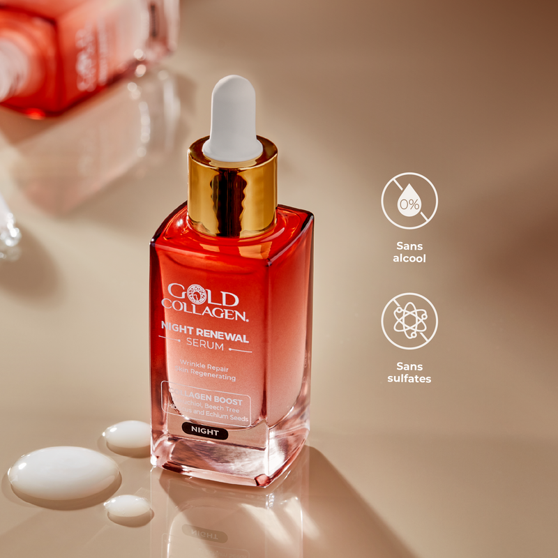 Red collagen serum bottle with dropper on a beige background