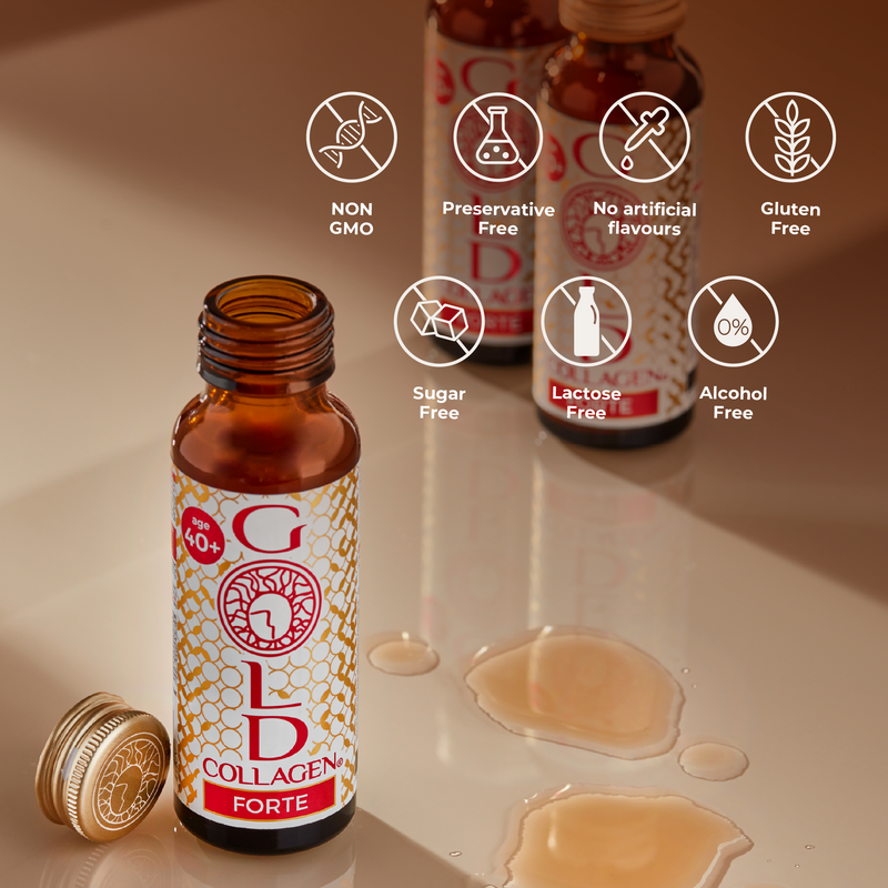 Bottle of Gold Collagen Forte with health benefits icons on a beige background