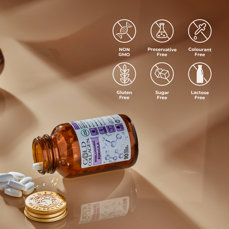 Amber glass bottle with a label on a reflective surface, featuring health benefits icons.