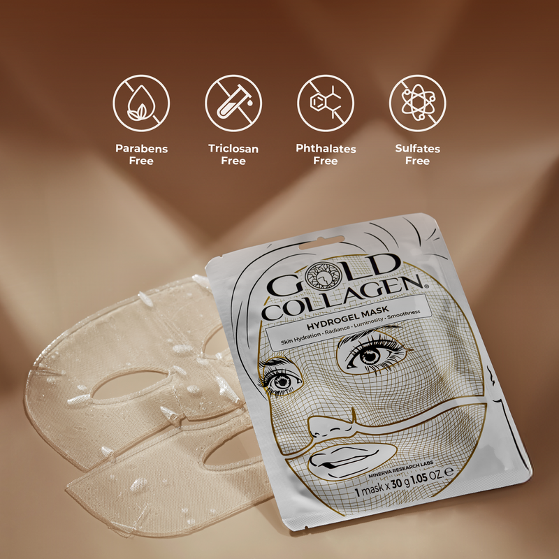 Gold Collagen hydrogel mask with packaging on a brown background, featuring free-from icons.
