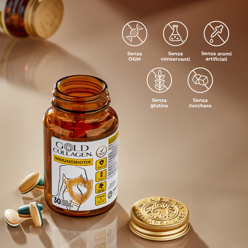 Brown supplement bottle labeled 'Gold Collagen' with gold cap on a beige background