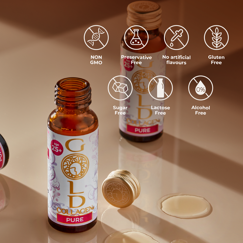 Two bottles of Gold Collagen Pure on a beige surface with health benefits icons.