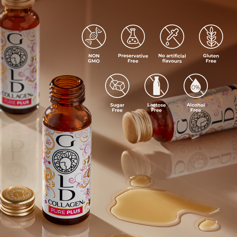 Bottle of Gold Collagen with product features on a brown background