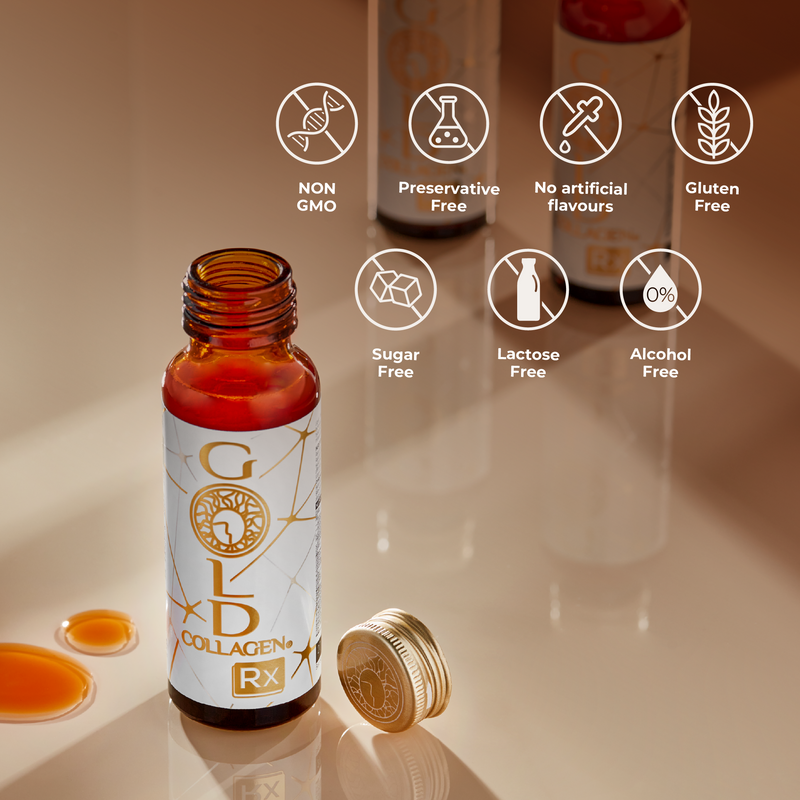 Collagen supplement bottle with certification icons on a reflective surface