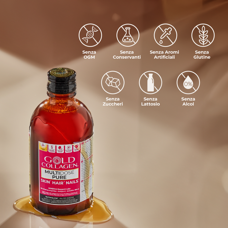 Bottle of Gold Collagen supplement with certification icons on a beige background