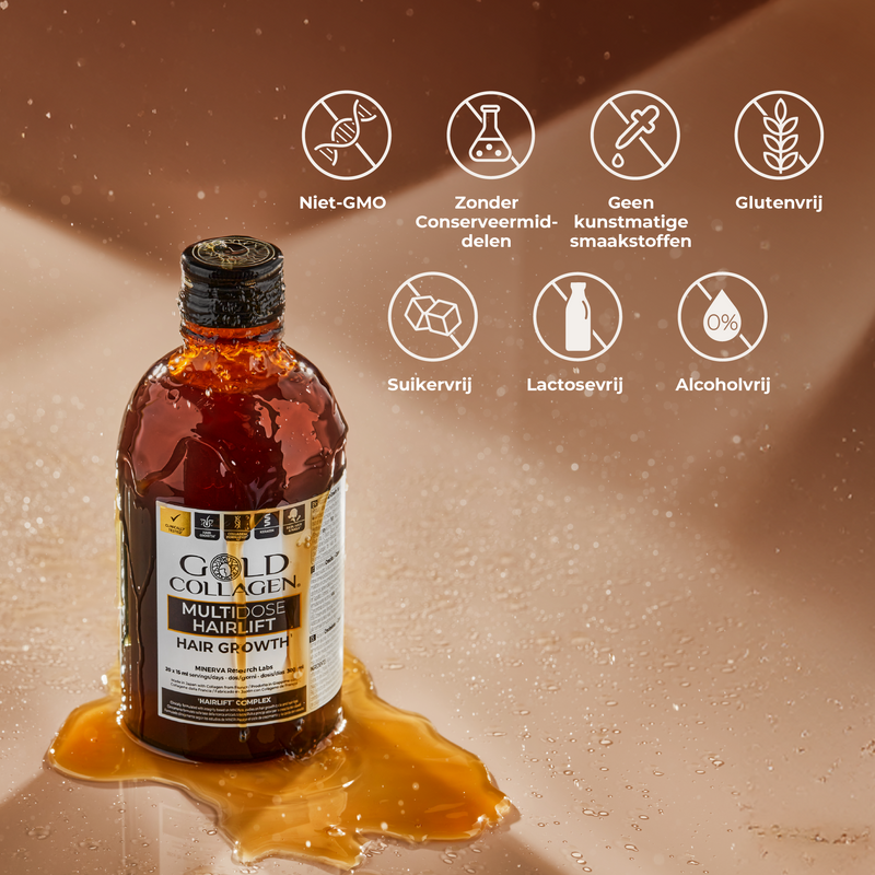Bottle of Gold Collagen hair growth supplement with certification icons on a brown background