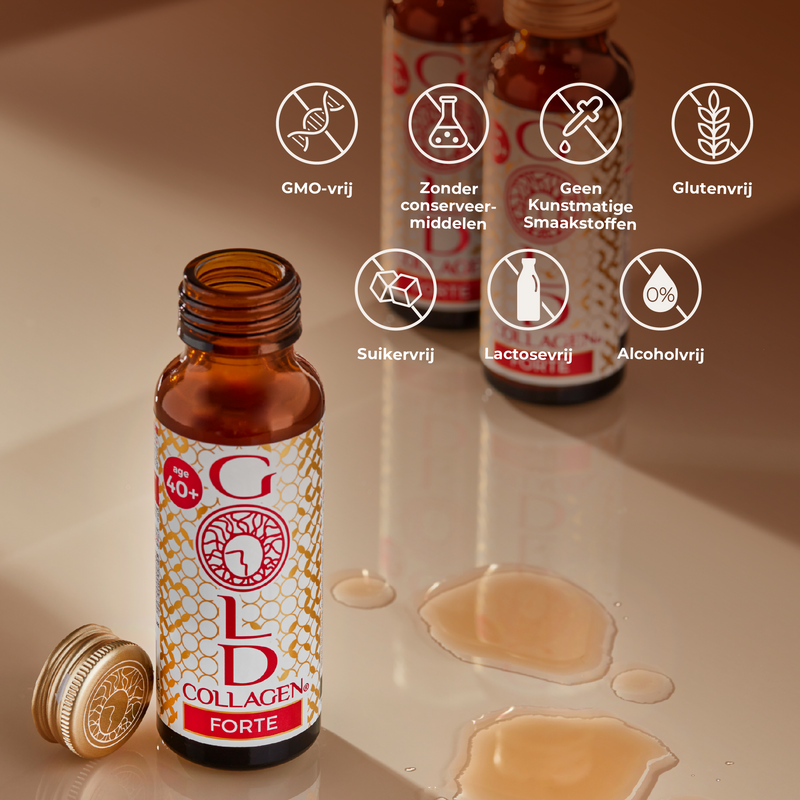 Bottle of GLO Collagen Forte with product features on a beige background