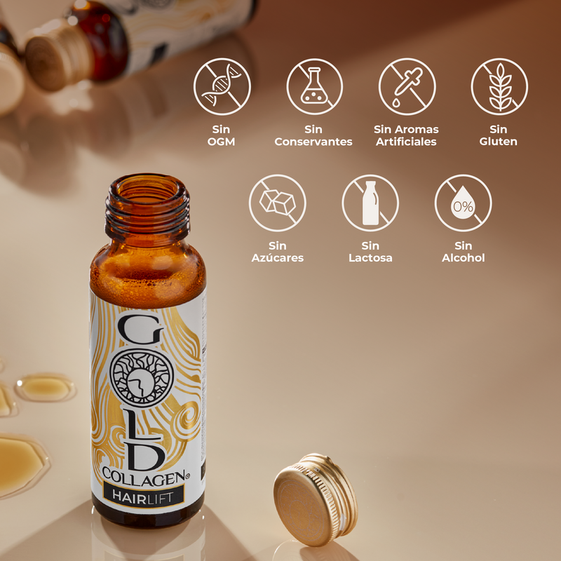 Amber glass bottle with gold cap on a beige background, featuring 'GOLD COLLAGEN' branding.