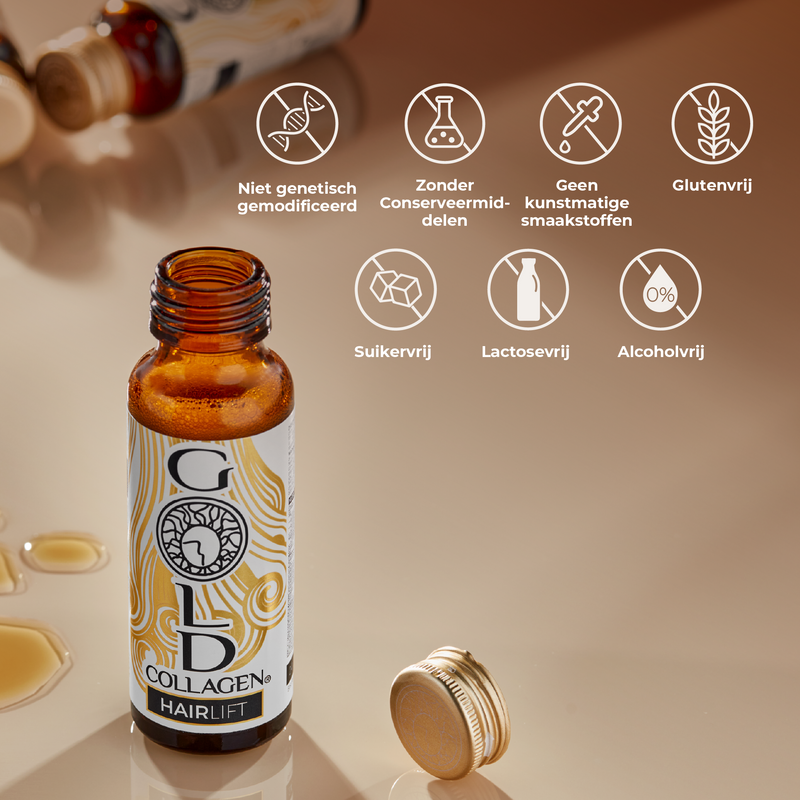 Bottle of Gold Collagen Hairlift with certification icons on a beige background