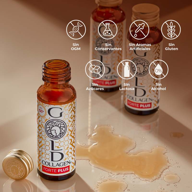 Bottle of G&G Collagen Forte Plus with product details on a beige background