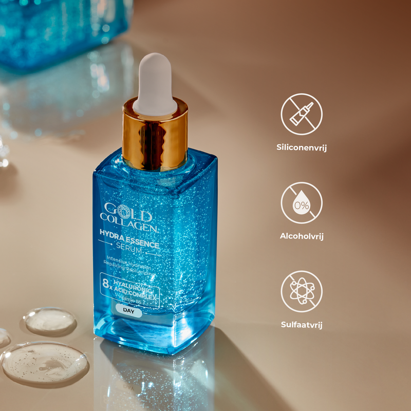 Blue serum bottle with dropper on a beige surface, featuring Gold Collagen branding.