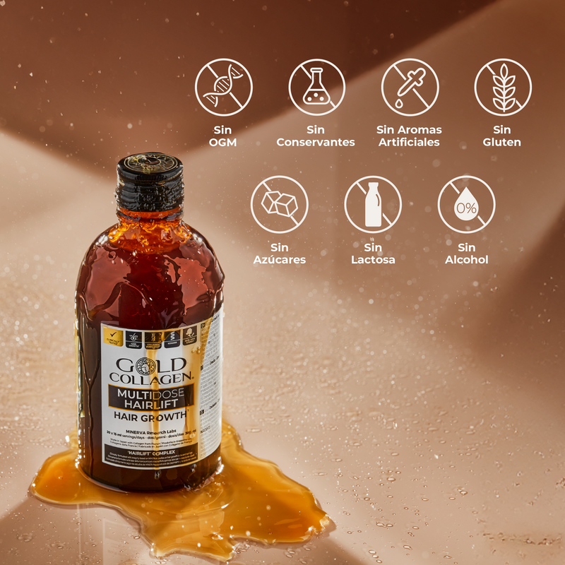 Bottle of Gold Collagen hair growth product with health benefits icons on a brown background