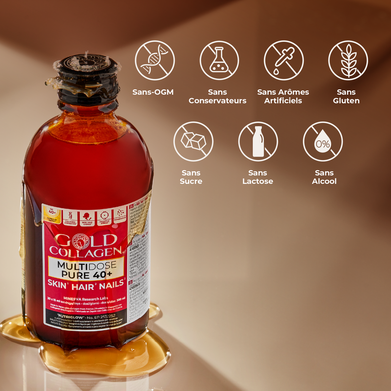 Bottle of Gold Collagen with health benefits icons on a beige background