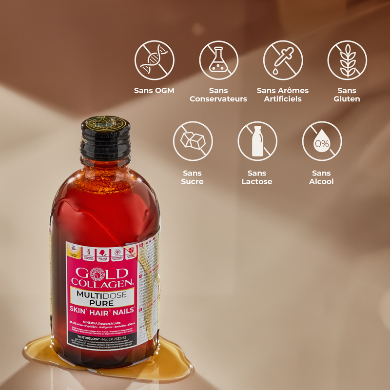 Bottle of Gold Collagen supplement with certification icons on a beige background