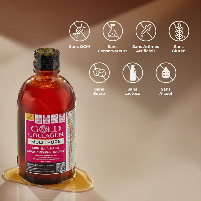 Bottle of Gold Collagen Multi Pure on a beige background with icons and text indicating product features.
