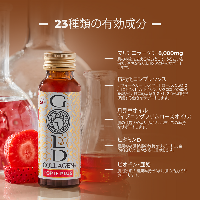 Bottle of Gold Collagen Forte Plus with Japanese text and ingredients listed on a brown background.