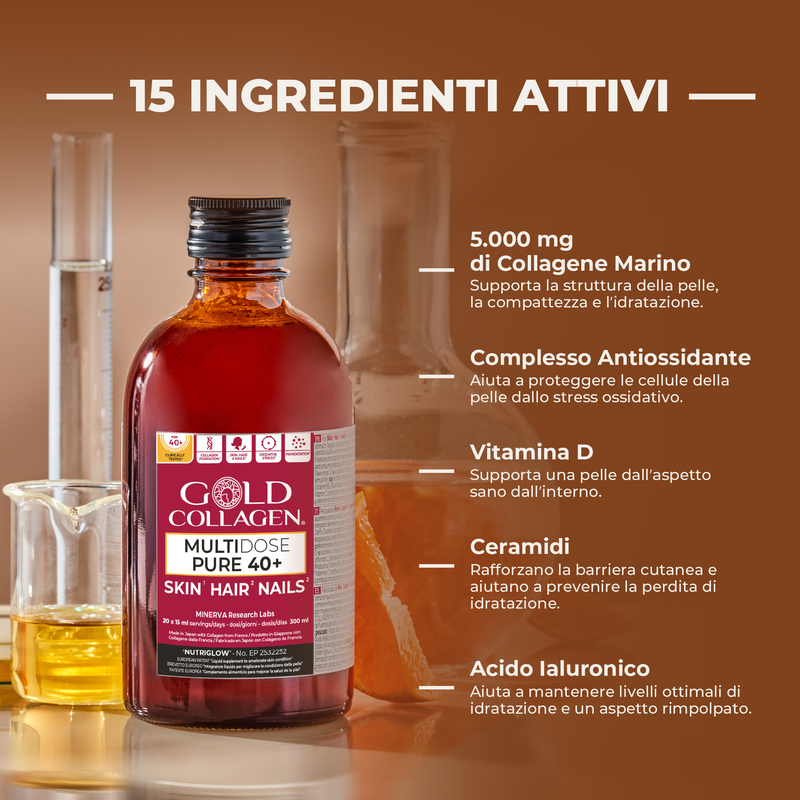 Gold Collagen supplement bottle with active ingredients listed on a brown background