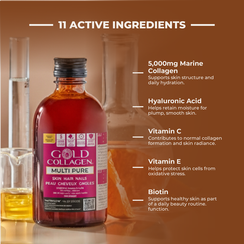 Bottle of Gold Collagen Multi Pure with a list of active ingredients on a brown background