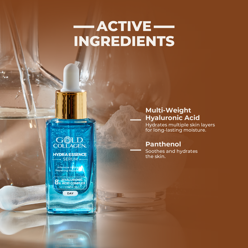 Gold Collagen serum bottle with dropper on a blurred background, highlighting active ingredients.
