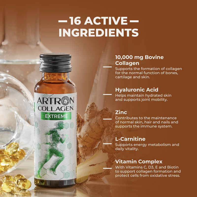 Artron Collagen Extreme bottle with product details on a brown background