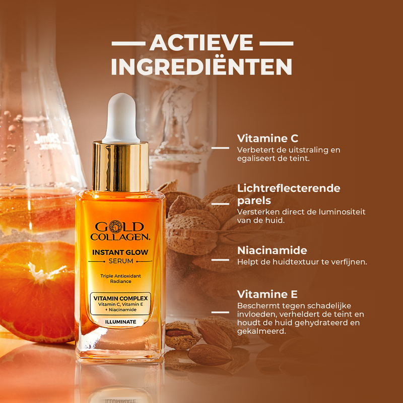 Gold Collagen instant glow serum with active ingredients listed on a brown background