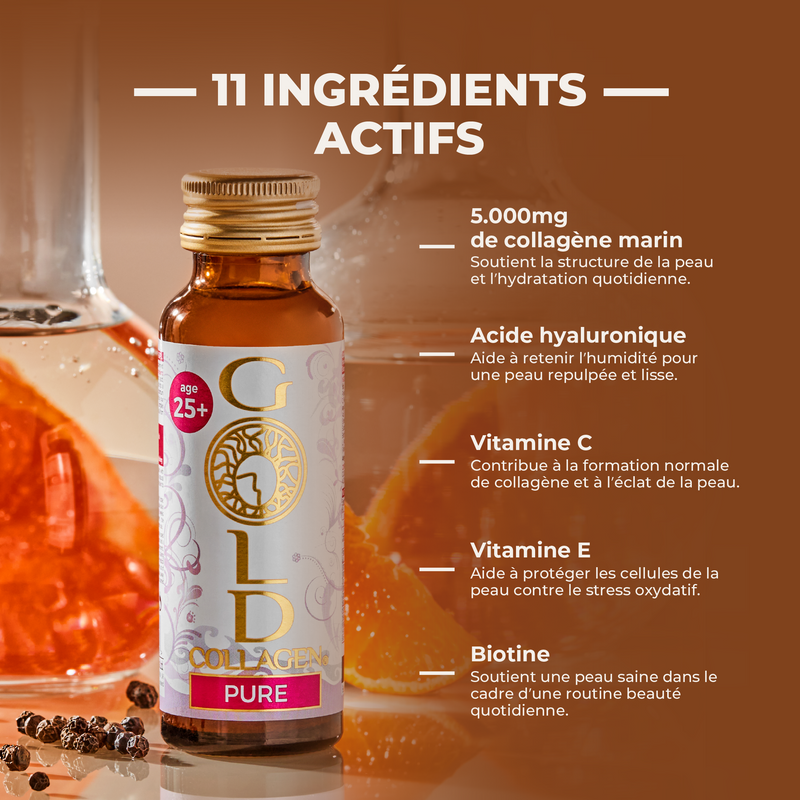 Bottle of Gold Collagen Pure with ingredients listed on an orange background