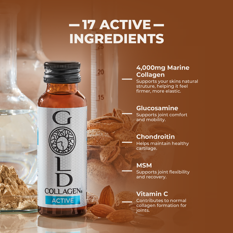 Gold Collagen Active bottle with ingredients listed on a brown background